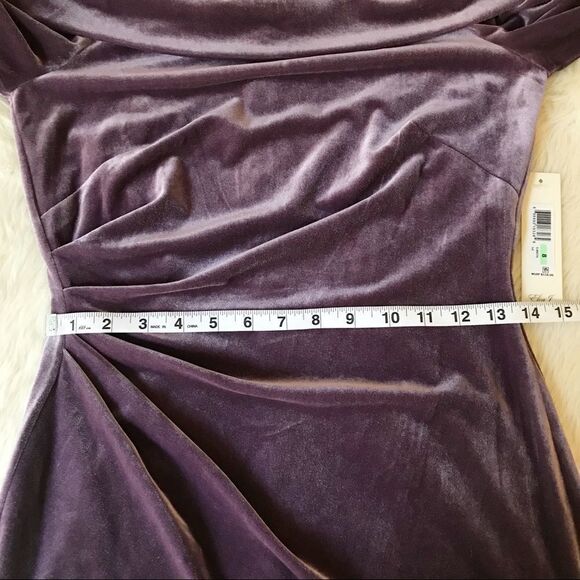 ELIZA J Velvet Off The Shoulder Dress Long Sleeve Short Sheath Purple Size 8 New - Picture 12 of 16